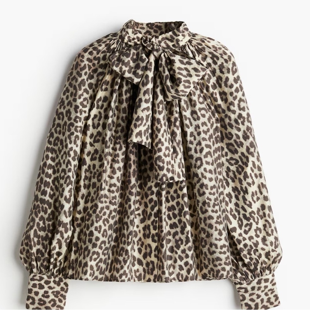H&M Taupe and Brown Leopard Bow-Neck Blouse